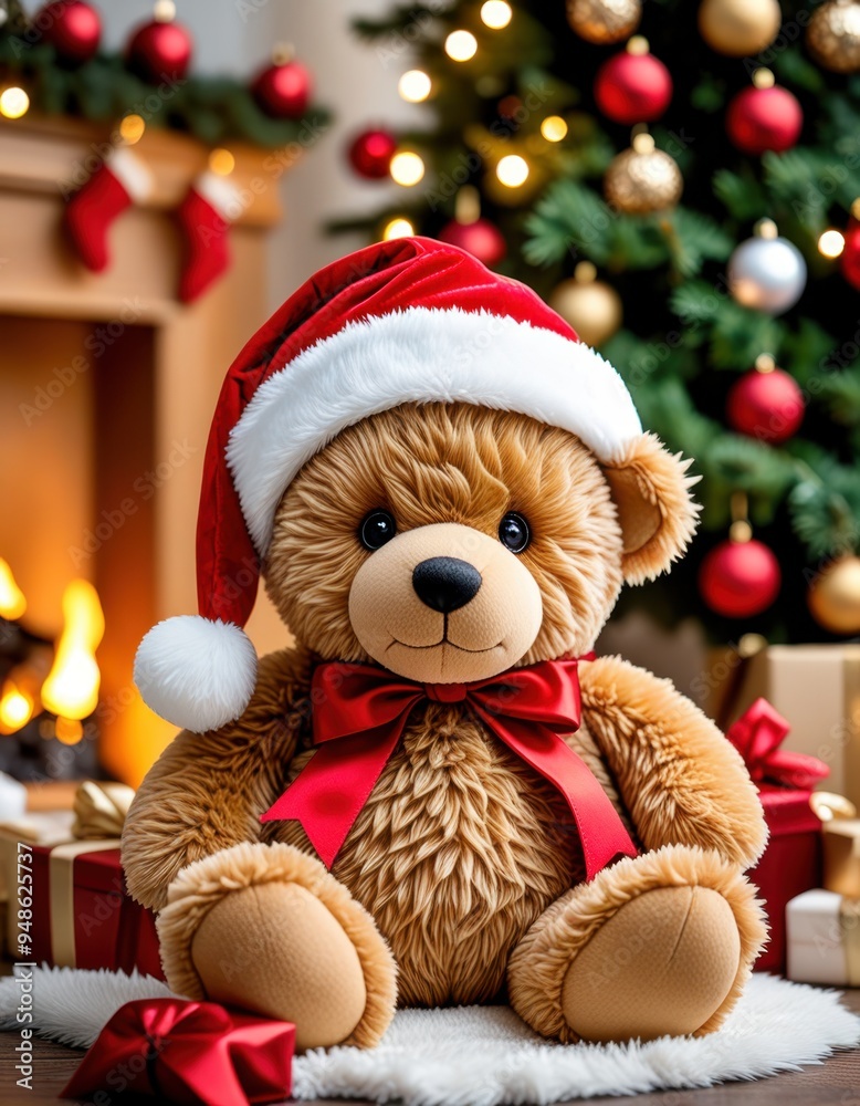 Teddy Bear in Santa Hat by the Christmas Tree Teddy Bear in Santa Hat by the Christmas Tree