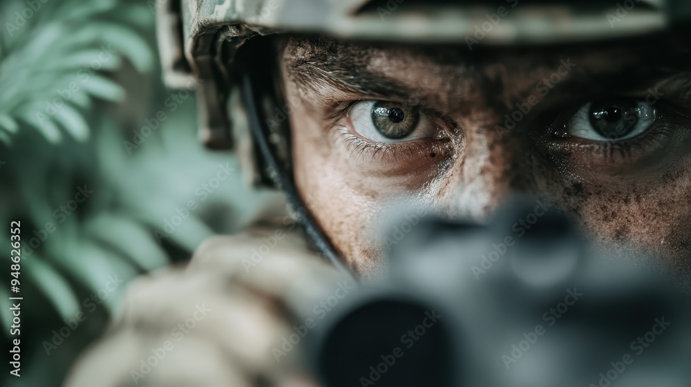 A detailed and focused shot capturing a camouflaged figure next to green foliage, depicting a sense of mystery and connection with nature. A detailed and focused shot capturing a camouflaged figure next to green foliage, depicting a sense of mystery and connection with nature.