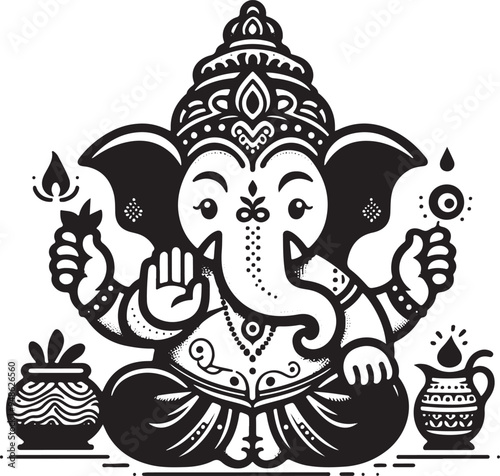 Indian God Ganapati Simple 2D Cute Single Characters with Silhouette Black and White Line Art with Low Details, Indian festival Ganesh Chaturthi black and White Lord Ganesh Character 