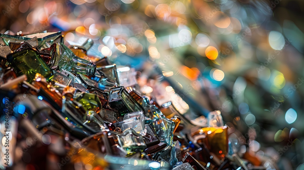 An up close view of a large heap of glass waste, with a focus on the tangled mass of broken bottles, shards, and glass fragments. The textures and colors are detailed, showcasing An up close view of a large heap of glass waste, with a focus on the tangled mass of broken bottles, shards, and glass fragments. The textures and colors are detailed, showcasing