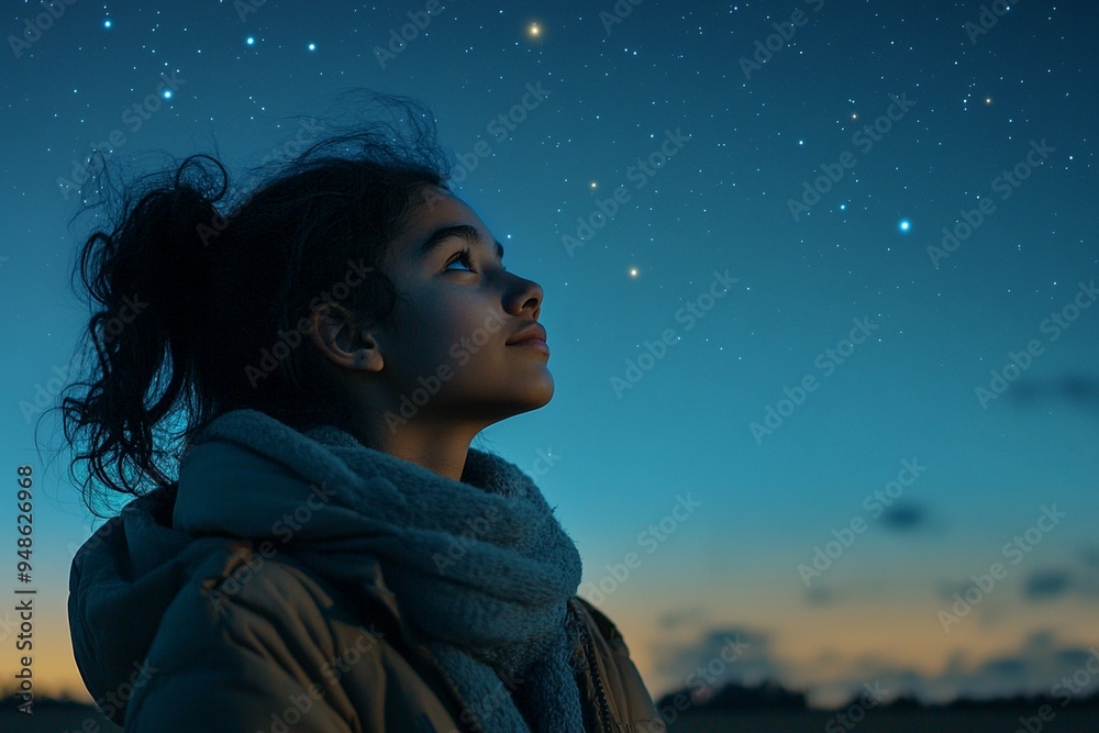 Dreaming Under the Stars: A Young Girl Gazing at the Night Sky Dreaming Under the Stars: A Young Girl Gazing at the Night Sky