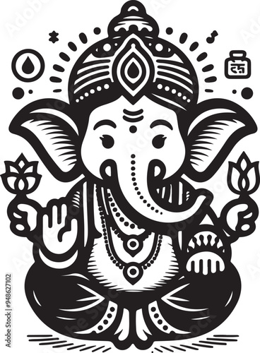 Indian God Ganapati Simple 2D Cute Single Characters with Silhouette Black and White Line Art with Low Details, Indian festival Ganesh Chaturthi black and White Lord Ganesh Character 