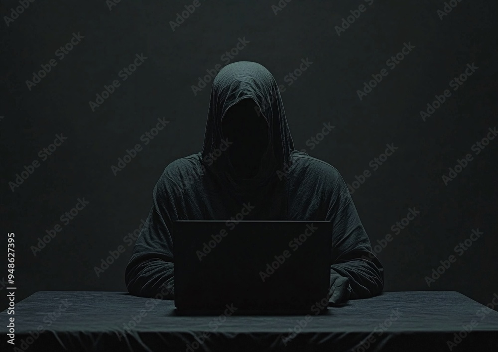 Hacker Figure Using Laptop in Dark Room Hacker Figure Using Laptop in Dark Room
