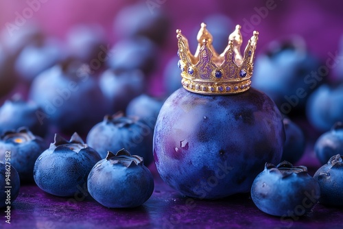 blueberry wearing a tiny crown, ruling over a kingdom of blueberries on a regal purple surface photo