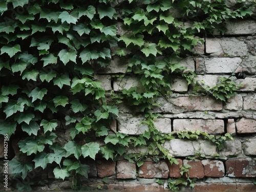 A brick wall covered in lush green ivy, showcasing a natural, organic texture and a sense of growth and life against the weathered brick.