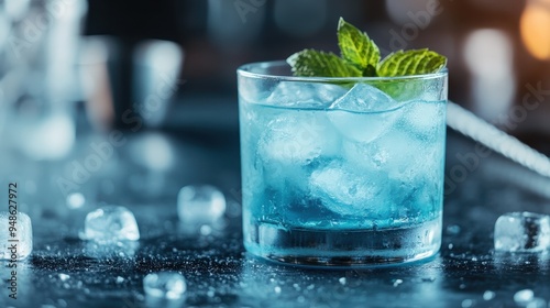 A beautifully composed image of a cooling blue-colored cocktail with fresh mint garnish and ice cubes, embodying refreshment and tranquility in a glass. photo