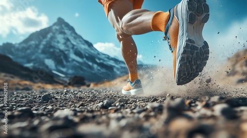 An ultra-realistic photograph portraying high detailed, runner, mdern sneakers feet running, a dry mountain in the background photo