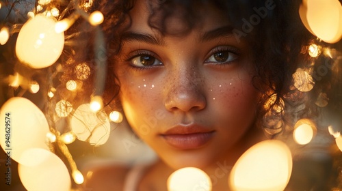 Enchanting Portrait of a Young Woman with Fairy Lights and Freckles