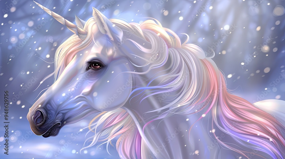 A majestic unicorn with a flowing rainbow mane glides through a dreamy blue landscape, capturing the essence of magic and fantasy A majestic unicorn with a flowing rainbow mane glides through a dreamy blue landscape, capturing the essence of magic and fantasy
