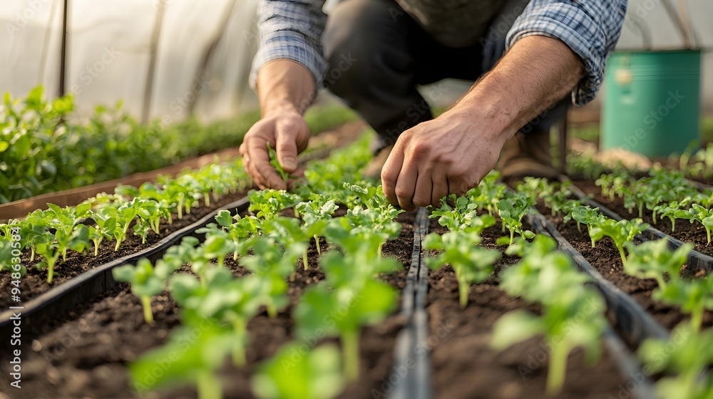 139. **A farmer planting seedlings in a greenhouse with rows of fresh vegetables. 139. **A farmer planting seedlings in a greenhouse with rows of fresh vegetables.