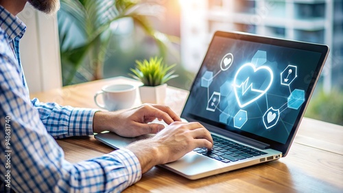 Digital Healthcare: Man Uses Laptop for Heart Health