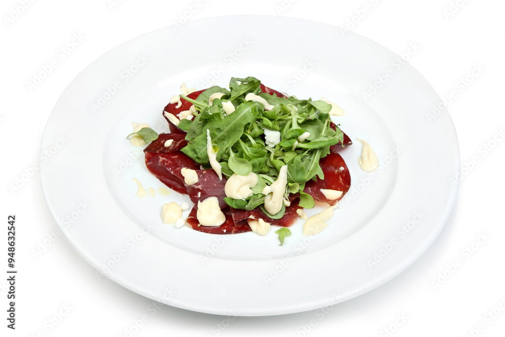 Arugula Salad with Horse Meat and Mayonnaise on White Plate Arugula Salad with Horse Meat and Mayonnaise on White Plate