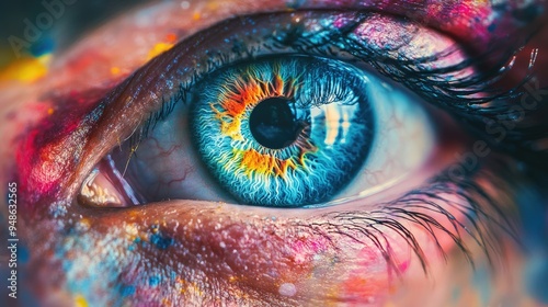 Close-up of a Vibrant Blue Eye with Colorful Patterns and Glitter