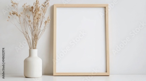 Minimalist Home Decor with a Wooden Frame and Dried Flowers in a Vase