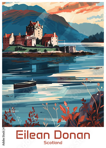 Eilean Donan Castle Scotland Poster Illustration Travel Print Decor Gift Paper Canvas Wall Retro Art #948633155