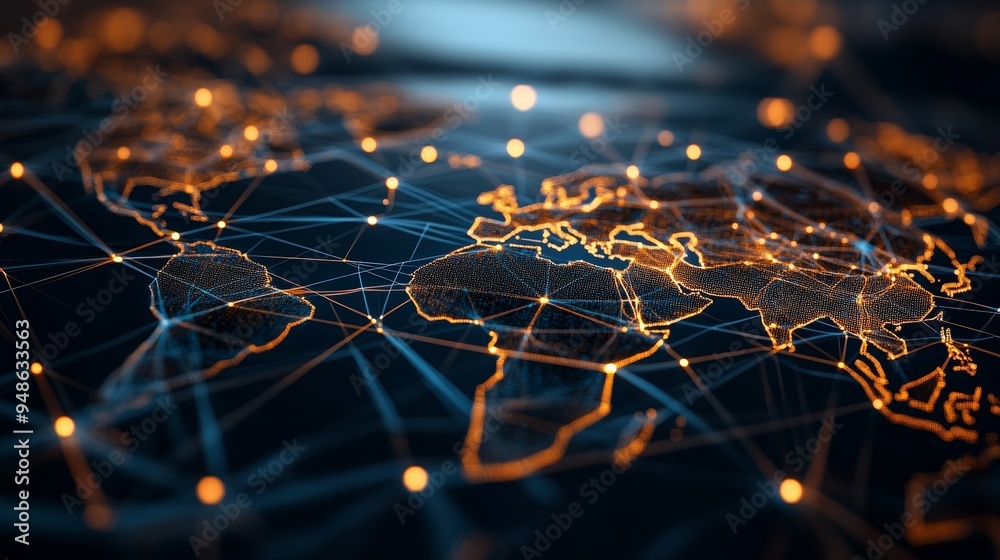 Obraz premium A digital global network map featuring interconnected nodes and countries, highlighting the concept of connectivity and technology.