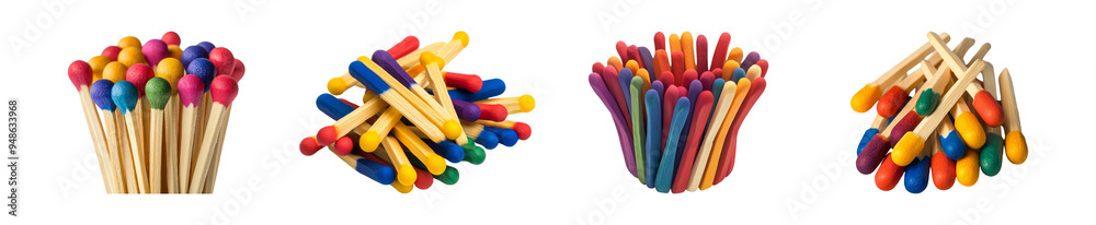 Collection of colorful wooden matchsticks in various arrangements isolated on transparent background Collection of colorful wooden matchsticks in various arrangements isolated on transparent background