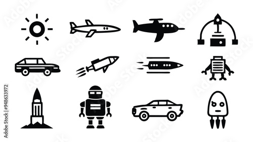 A set of retro futuristic icons in a line style featuring a spaceship, a robot, a car, and a rocket.