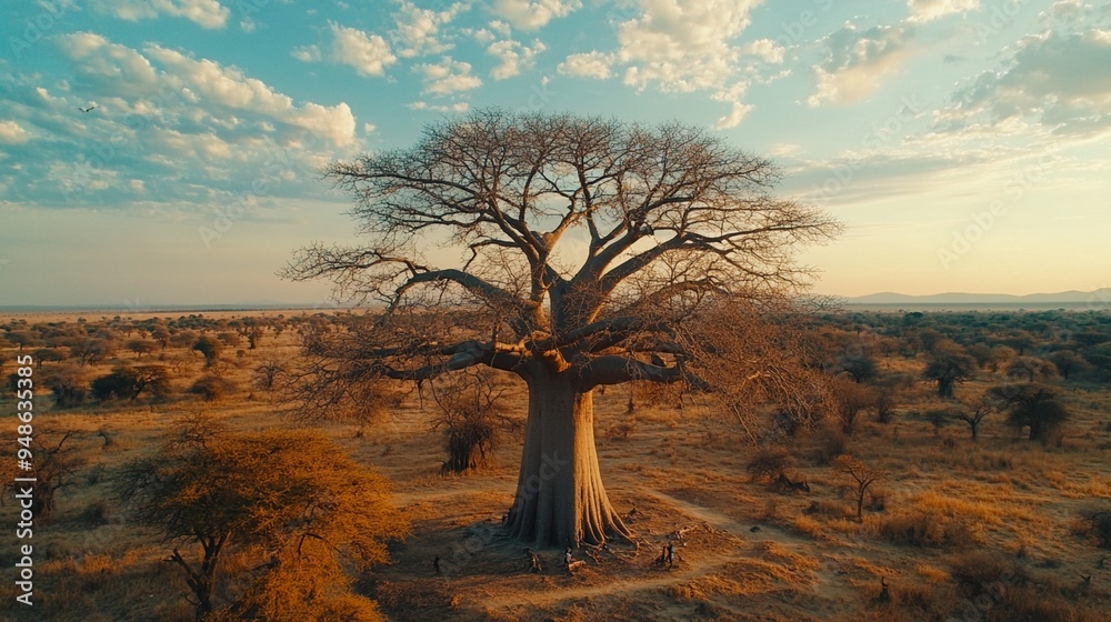 Obraz premium Majestic Baobab Tree in Golden Savanna Landscape at Sunset