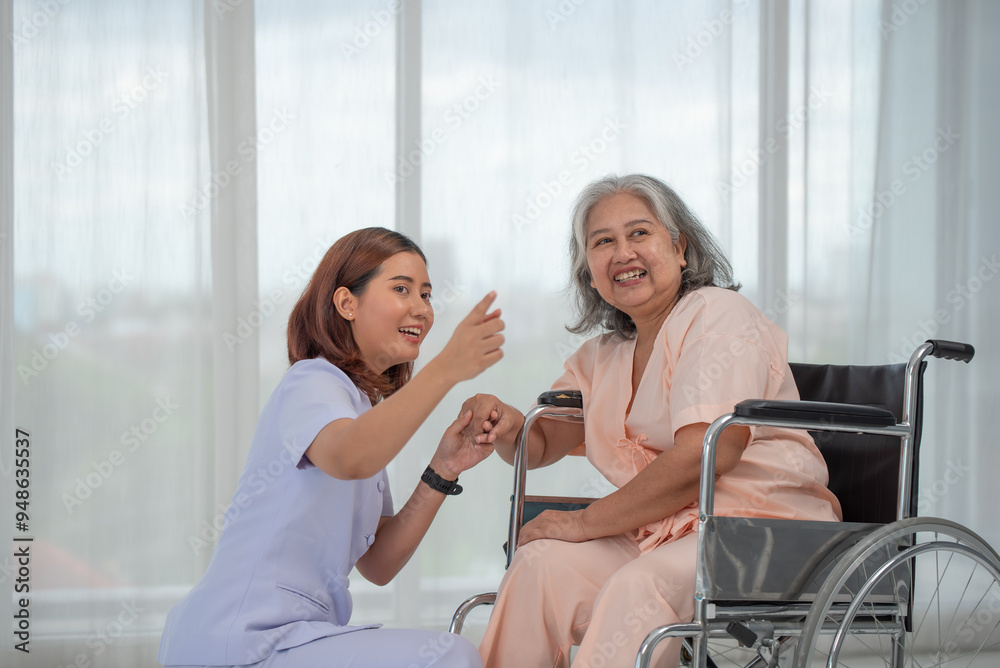 Senior care, portrait of nurse with patient for medical help
