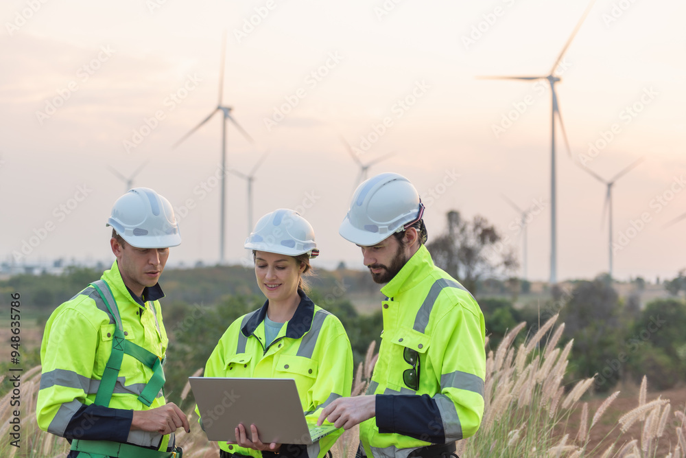 Team of engineers working and using a computer laptop on site in wind turbine farm, Wind turbines generate clean energy source, Eco technology for electric, industry environment Team of engineers working and using a computer laptop on site in wind turbine farm, Wind turbines generate clean energy source, Eco technology for electric, industry environment