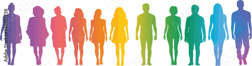 Silhouettes of diverse individuals in a rainbow gradient, emphasizing inclusivity and social diversity.

