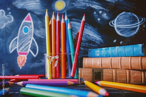 Colorful pencils in a cup with books and space-themed chalk drawings on a blackboard. Back to school concept. photo