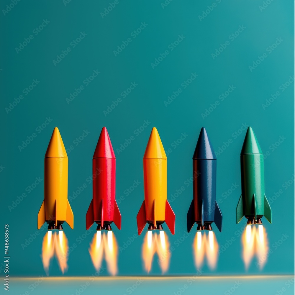 Colorful Miniature Rocket Launches with Blue Background and Bright Flames Colorful Miniature Rocket Launches with Blue Background and Bright Flames