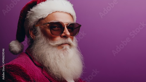 Portrait trendy modern santa claus ,Christmas, on purple background in studio	