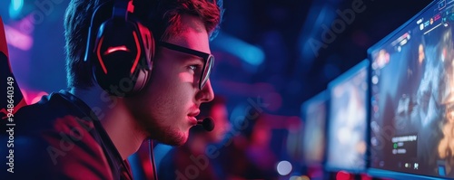 Focused young man wearing headphones, immersed in an intense gaming session at a cyber cafe, illuminated by colorful lights.