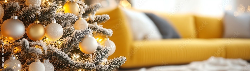 Fototapeta premium yellow Christmas tree with white ornaments
