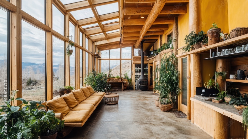 A rustic living space with a large window looking out onto a snowy mountain range. There is a large couch in the room, and a wood burning stove. A rustic living space with a large window looking out onto a snowy mountain range. There is a large couch in the room, and a wood burning stove.