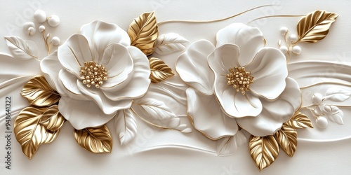 This is a stunning 3D depiction of delicate golden flowers and elegantly flowing branches, making it the perfect choice for a beautifully designed postcard or an exquisite decorative art piece