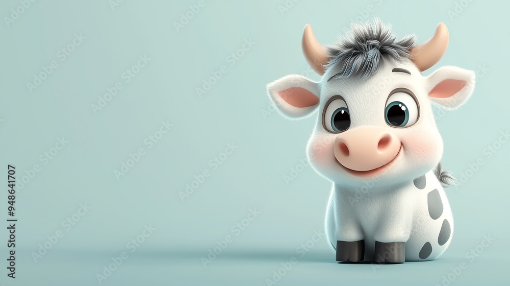 A cute cartoon cow, round body, grey fur, large eyes, lively expression, cartoon style with simple gradient background A cute cartoon cow, round body, grey fur, large eyes, lively expression, cartoon style with simple gradient background
