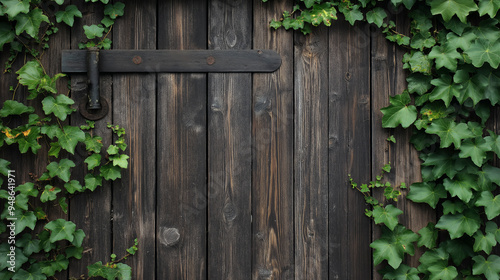 Uma porta de madeira rústica adornada com hera verde, perfeita para adicionar um toque natural a qualquer design ou projeto.