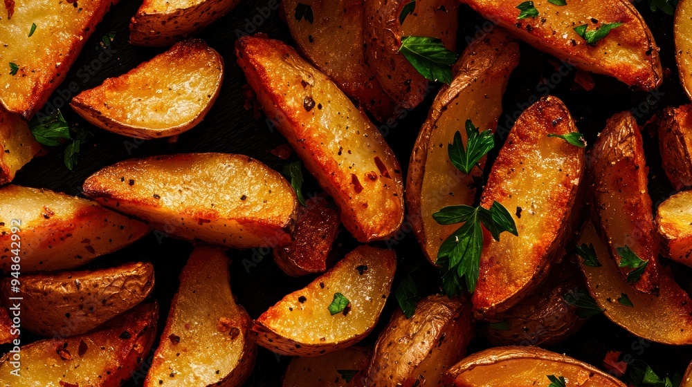 Golden Brown Roasted Potato Wedges Topped with Fresh Green Herbs Golden Brown Roasted Potato Wedges Topped with Fresh Green Herbs