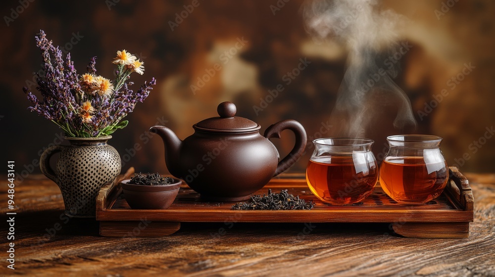 Fototapeta premium A high-resolution image of a traditional tea set with a teapot, cups, and a tray, arranged elegantly with loose tea leaves and a small vase of flowers.