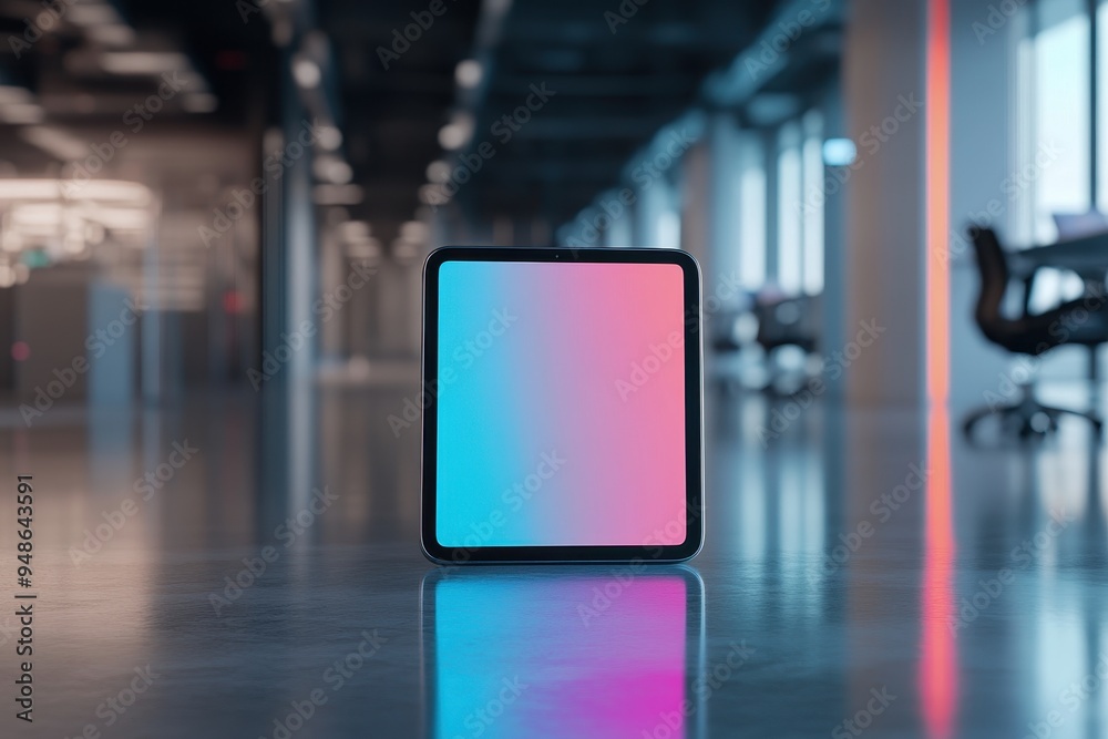 Futuristic Glass iPad with Glowing Patterns in High-Tech Office Setting Futuristic Glass iPad with Glowing Patterns in High-Tech Office Setting
