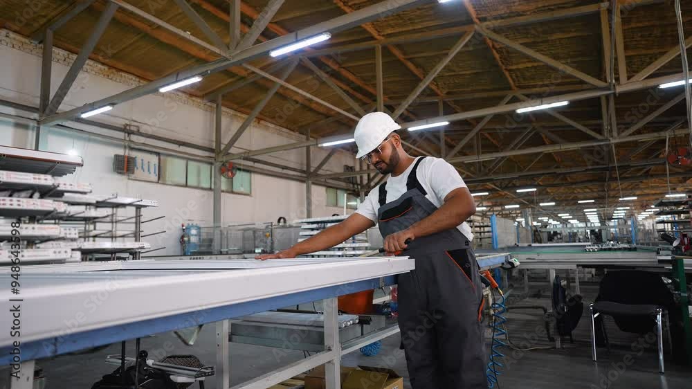 Indian manual worker assembling PVC windows and doors on production line Indian manual worker assembling PVC windows and doors on production line