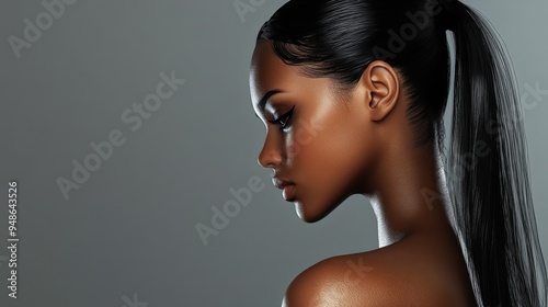 A high-resolution image of a woman with a sleek ponytail, secured with a hair tie and featuring smooth, shiny hair for a sophisticated appearance