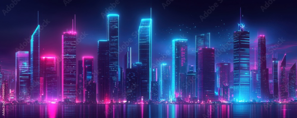 Futuristic city skyline with glowing neon lights, creating a vibrant and modern urban nightscape reflecting on the still water below. Futuristic city skyline with glowing neon lights, creating a vibrant and modern urban nightscape reflecting on the still water below.