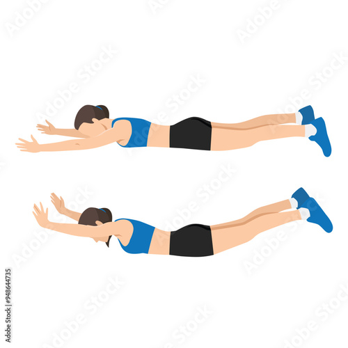Woman doing back extension exercise or Cobra lift. Flat vector illustration isolated on white background