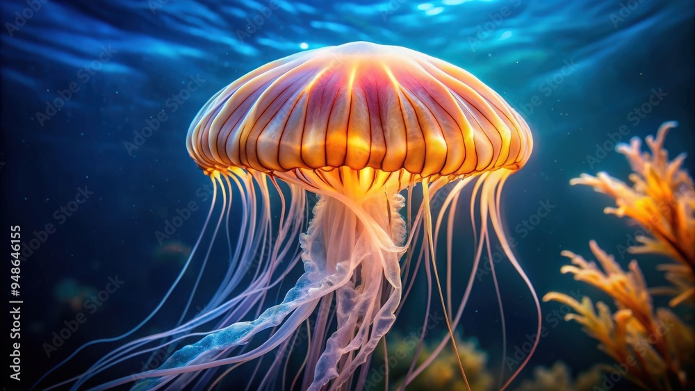 Obraz premium Glowing jellyfish Chrysaora pacifica floating gracefully underwater, marine life, bioluminescent