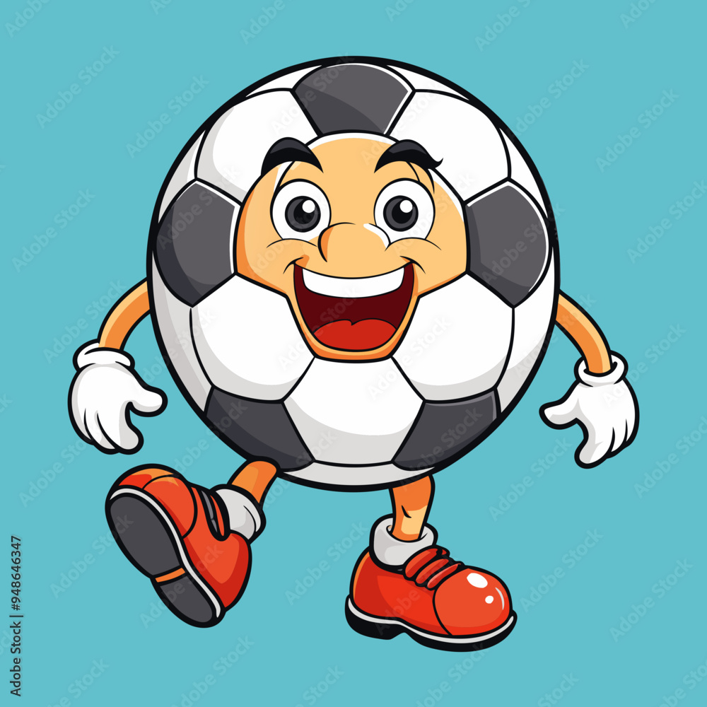 Fototapeta premium soccer groovy style cute cartoon character with face, arms and legs, vector illustration