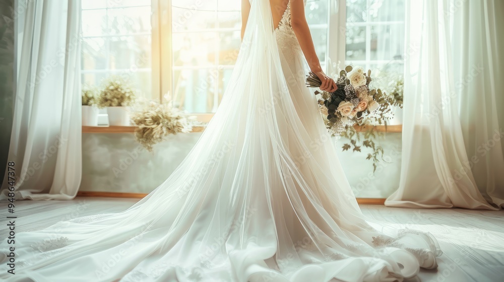 Elegant bride in a white dress with a long train, positioned by the window in a bright room, highlighted with a touch of glamour and a luxurious atmosphere. Elegant bride in a white dress with a long train, positioned by the window in a bright room, highlighted with a touch of glamour and a luxurious atmosphere.
