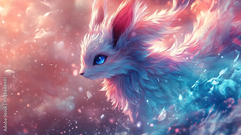 A White Feline with Blue Eyes in a Dreamy, Colorful Landscape A White Feline with Blue Eyes in a Dreamy, Colorful Landscape