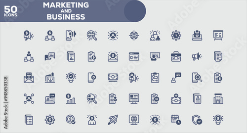 Set of 50 outline icons related to Marketing and Business. Linear icon collection. Editable stroke. Vector illustration