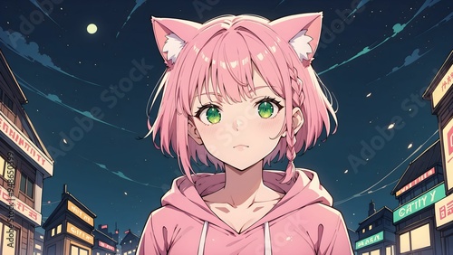 An anime-style illustration depicts a girl with pink hair and green eyes wearing a pink hoodie with cat ears in night city photo