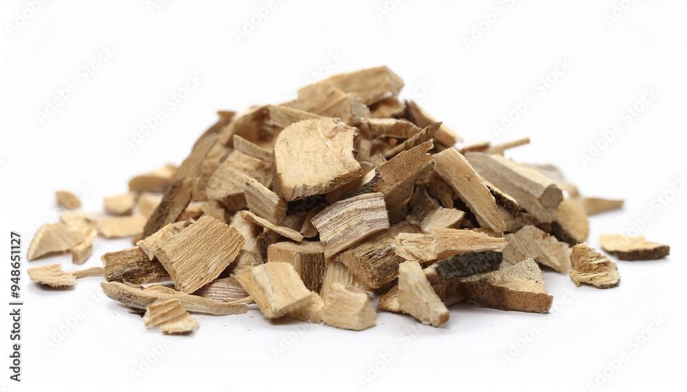 Pile of wood chips isolated on white backdrop. Natural material. Pile of wood chips isolated on white backdrop. Natural material.