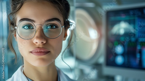 A detailed close up of a young female doctor in a state of the art clinic, wearing modern medical attire and glasses. The background shows a high tech examination room with